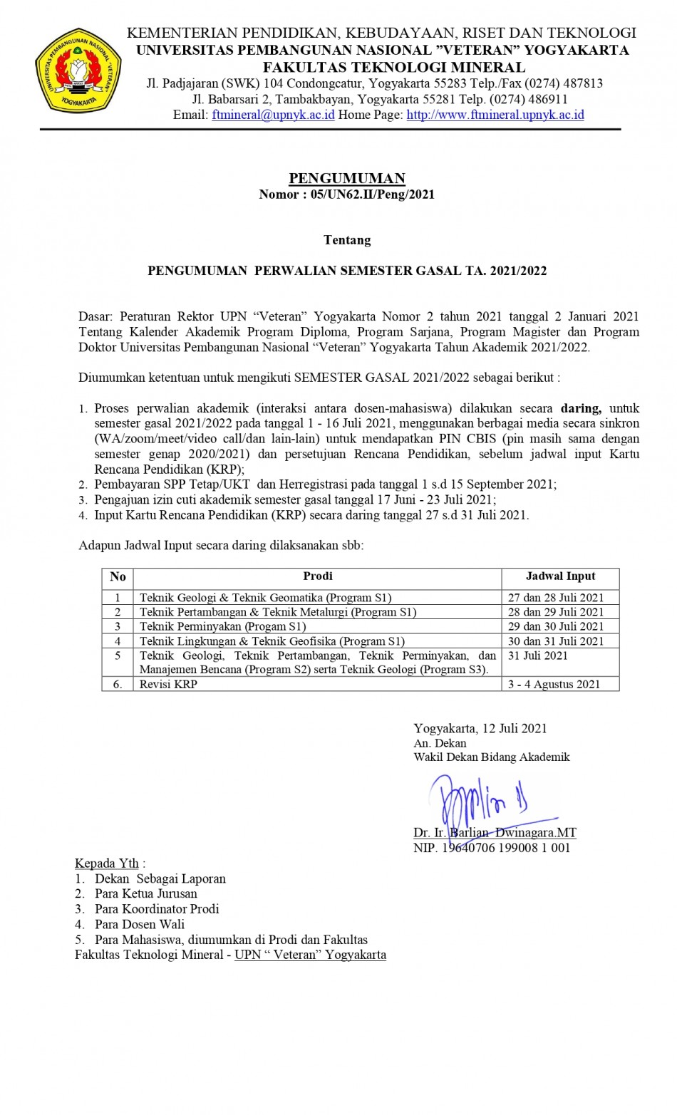 pengumuman perwalian semester gasal